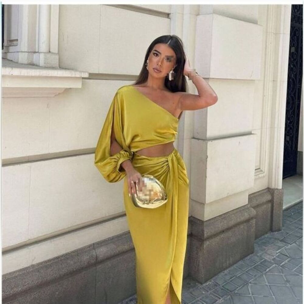 Stunning Yellow One-Shoulder Evening Gown with Balloon Sleeve and Wrap Dress L - Picture 3 of 12